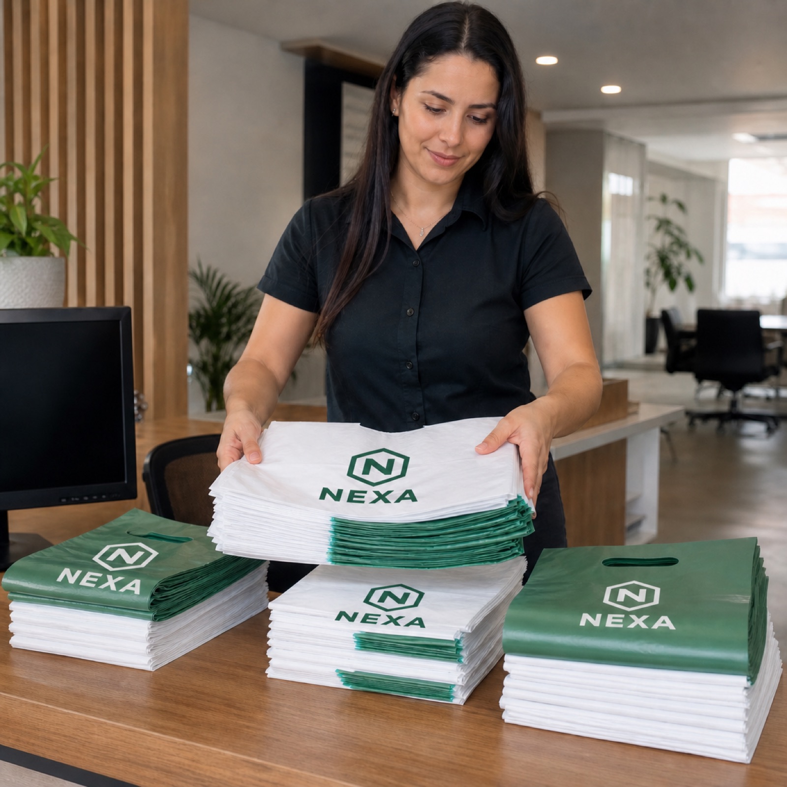 Sacolas personalizadas Plaspack organizadas em volume em ambiente corporativo